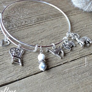 Spinning Wheel Bracelet, Sheep, Goat, Alpaca Bracelet, Fiber Animal Charm Bangle, Spinning Wheel Charm