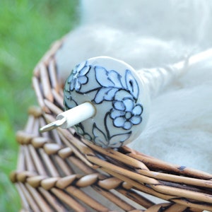 Blue Blossoms Ceramic Drop Spindle, Top Whorl Drop Spindle, Hand Spinning, Comes with Free Wood Balm Sample