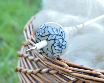 Blue Blossoms Ceramic Drop Spindle, Top Whorl Drop Spindle, Hand Spinning, Comes with Free Wood Balm Sample