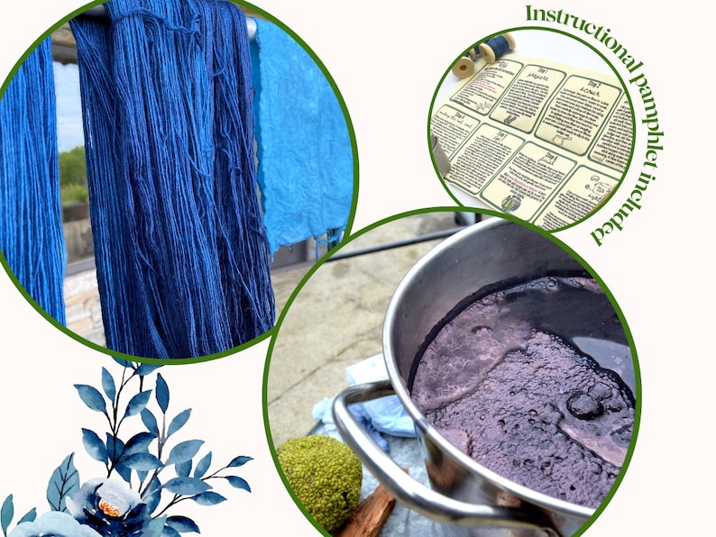 May include: A close-up of a pot of indigo dye, with strands of blue yarn hanging in the background.  The image also shows a set of instructions for dyeing with indigo.