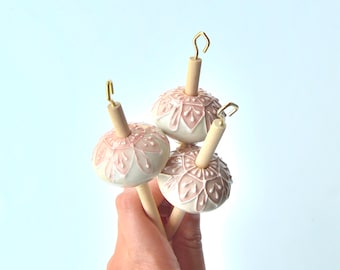 Pink Blush Ceramic Drop Spindle, Top Whorl Drop Spindle, Hand Spinning, Comes with Free Wood Balm Sample