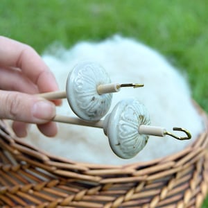 White Lotus Ceramic Drop Spindle, Top Whorl Drop Spindle, Hand Spinning, Comes with Free Wood Balm Sample