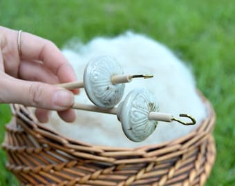 White Lotus Ceramic Drop Spindle, Top Whorl Drop Spindle, Hand Spinning, Comes with Free Wood Balm Sample