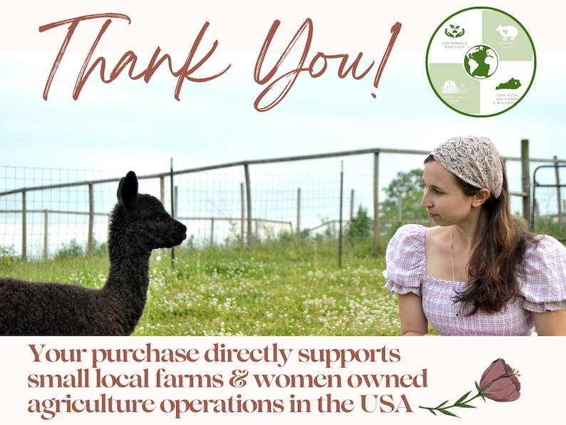 May include: A black alpaca stands in a grassy field next to a woman wearing a pink and white gingham dress and a headband. The text "Thank You!" is at the top of the image. The text "Your purchase directly supports small local farms & women owned agriculture operations in the USA" is at the bottom of the image.