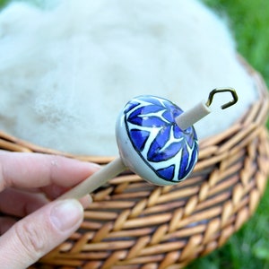 Blue Floral Ceramic Drop Spindle, Top Whorl Drop Spindle, Hand Spinning, Comes with Free Wood Balm Sample