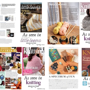 May include: A collage of magazine covers featuring knitting and yarn crafts. The covers feature various colors and patterns, including pink, blue, green, and yellow. The magazines are titled "Knitting", "Little Looms", "Interweave", and "Knits".