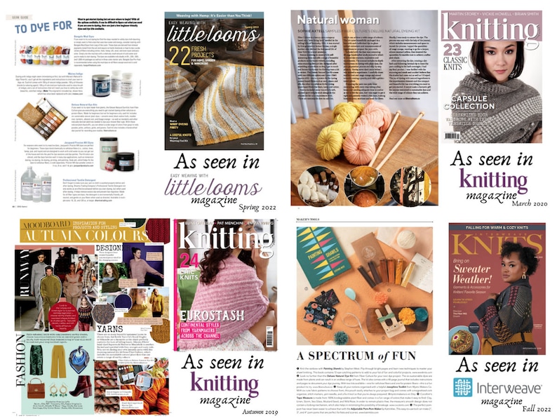 May include: A collage of magazine covers featuring knitting and yarn crafts. The covers feature various colors and patterns, including pink, blue, green, and yellow. The magazines are titled "Knitting", "Little Looms", "Interweave", and "Knits".
