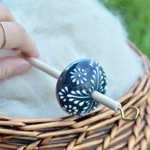 Blue Crackle Floral Ceramic Drop Spindle, Top Whorl Drop Spindle, Hand Spinning, Comes with Free Wood Balm Sample