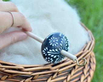 Blue Crackle Floral Ceramic Drop Spindle, Top Whorl Drop Spindle, Hand Spinning, Comes with Free Wood Balm Sample