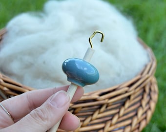 Petit Bleu Mini Ceramic Drop Spindle, Top Whorl Drop Spindle, Hand Spinning, Comes with Free Wood Balm Sample