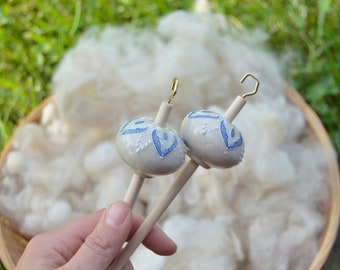 Blue Lace Ceramic Drop Spindle, Top Whorl Drop Spindle, Hand Spinning, Comes with Free Wood Balm Sample