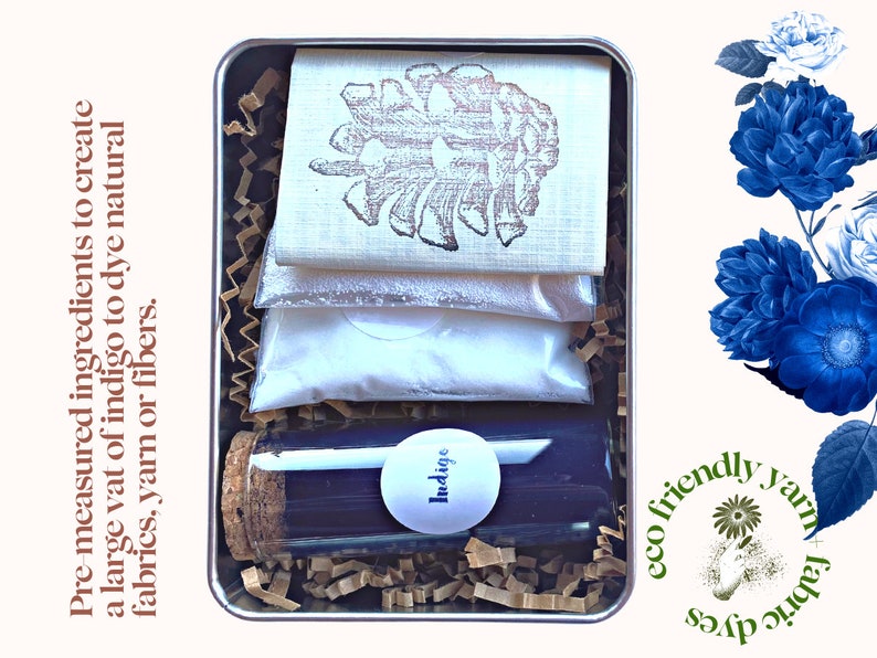 May include: A metal tin with a clear glass bottle labeled "Indigo" and three white packets. The tin is filled with brown packing material. The text on the tin reads "Pre-measured ingredients to create a large vat of indigo to dye natural fabrics, yarn or fibers."