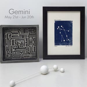 Framed Gemini Constellation Print. Personalised Star Sign Horoscope Zodiac Woodblock. New Baby Gift.