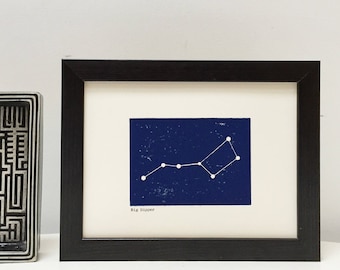 Big Dipper The Plough Saucepan constellation woodblock Framed print. Unique Original Art Stargazer Gift. Night Sky Home Decor