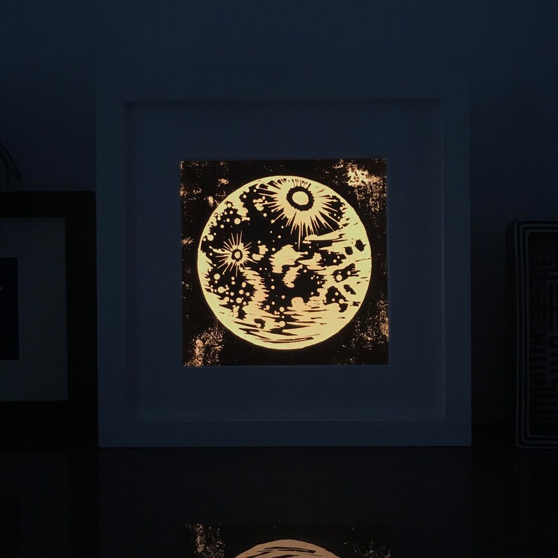 Moon Light Box Illuminated Woodblock Print Moon Wall Art Etsy UK