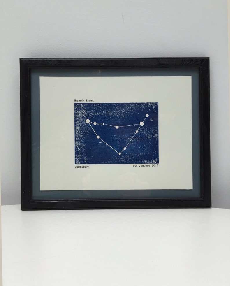 Capricorn Star Sign Constellation Zodiac Horoscope Personalised Woodblock Print. Unframed, Hand Typed. New Baby Gift. Birthday Gift. image 3