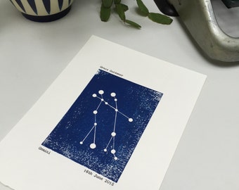 Gemini Constellation Star Sign Zodiac Horoscope Personalised Woodblock Print. Unframed. Hand Typed. New Baby Gift. Birthday Gift.