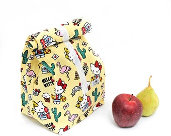 eco-friendly cute kitty lunch bag, personalized reusable cotton lunch bag for kids & adults, zero waste lunch bag with waterproof lining