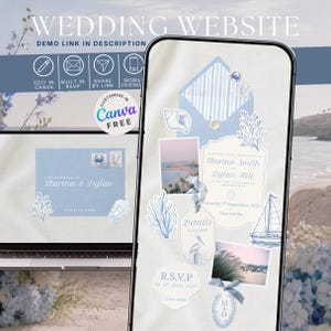 Puede incluir: Una plantilla de sitio web de bodas digital en una pantalla de smartphone y portátil, con temática costera, ilustraciones en azul y blanco de conchas, coral, un velero y un pelícano, junto al texto para Marina Smith y Dylan Hill.