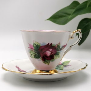 Vintage petite Royal Standard Wheatcroft Roses coffee cup and saucer. Beautiful deep pink &#39;Grand Gala&#39; design from the World Famous Roses.