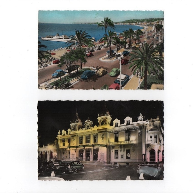 2 postcards of Cote d/'Azur Worn Nice and Monte Carlo postcards Unposted. likely 1960s vintage by L Gilletta