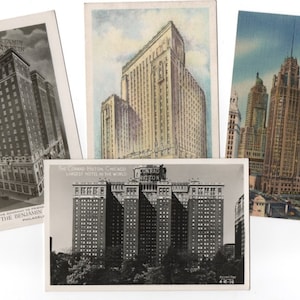 4 USA Gebäude Postkarten, unbeschrieben. Vintage Postkarten von Tribune Tower und 3 Hotel Werbekarten. Chicago, Milwaukee & Philadelphia