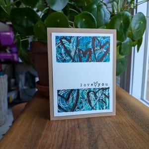 Unique en son genre - Carte aquarelle « Je t'aime » aux tons froids avec coeur Doodles inclus | carte de voeux unique en son genre aquarelle faite main