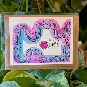 Cartes d'anniversaire faites main - aquarelle unique en son genre et cartes d'anniversaire techniques mixtes - aquarelle vive avec gribouillages