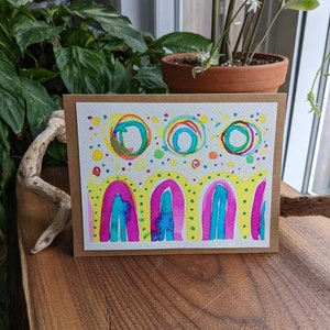 One of a Kind Neon Rainbow Handpainted Watercolour Greeting Card - unique quirky handmade gift