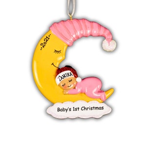 Personalized Baby&#39;s First Christmas Ornament: Newborn Gift, Moon & Pink Hat