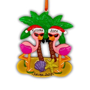 Couple&#39;s Christmas Tree Personalized Ceramic Ornament | Beach Flamingo Couple Tropical Destination Travel 2022 | Handmade Custom Gift Names