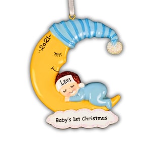 Babys erste Weihnachtsverzierung: Mond & blaue Mütze