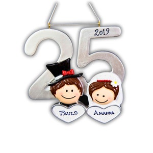 Ornamento natalizio per il 25° anniversario, fatto a mano, con nomi personalizzati, ornamento personalizzato per il giubileo d'argento della coppia, regalo di festa