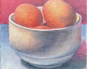 Original Oil Still Life Painting on Stretched Canvas - 6&quot; x 6&quot; - Eggs in a Bowl - Artist Rachel Van Wylen