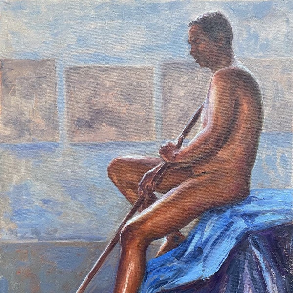 Nude Male Figure Seated - Original Oil Painting