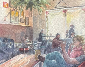 Original Watercolor Painting - Brew Ha Ha Cafe in Wilmington, Delaware - Artist Rachel Van Wylen