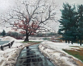 May include: A painting of a winter scene with a snow-covered path leading to a small stream. A bare-branched tree with red leaves stands in the foreground, while a group of evergreen trees are in the background.