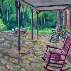 May include: An oil painting depicts a porch with two rocking chairs, one purple and one green, overlooking a lush green forest. Chickens are visible on the stone patio. The scene is bathed in natural light.