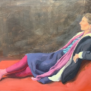 Original Oil Painting - Woman Wearing a Coat, Scarf, and Pink Socks - Artist Rachel Van Wylen