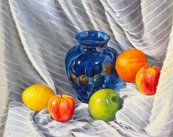 Original Oil Still Life Painting on Canvas Board - 18&quot; x 24&quot; - Blue Glass, Fruit, Draped White Cloth - Artist Rachel Van Wylen