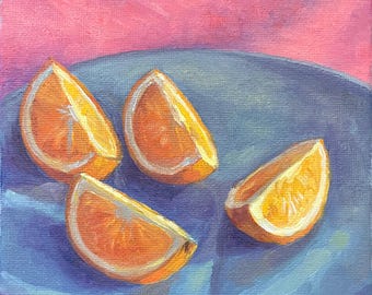 Small Still Life Painting of Oranges on a Blue Plate - Original Art, Vibrant Kitchen Wall Decor, Fruit Oil Painting