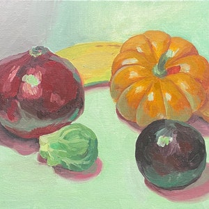 Original Oil Still Life Painting - Vegetables and Fruit with a Green Background