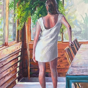 Original Oil Painting on Stretched Canvas - Woman Looking Out a Window - Artist Rachel Van Wylen