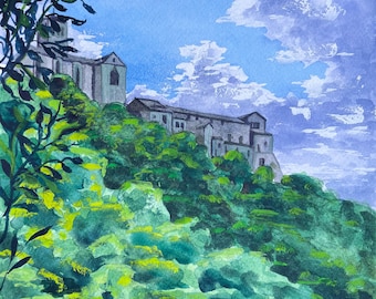 Original Watercolor Painting -  12&quot; x 9&quot; - Basilica San Francesco in Assisi, Italy - Rachel Van Wylen