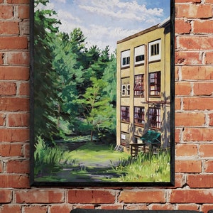 May include: A painting of a yellow building with windows and a green roof. The building is surrounded by green trees and bushes. The sky is blue with white clouds.
