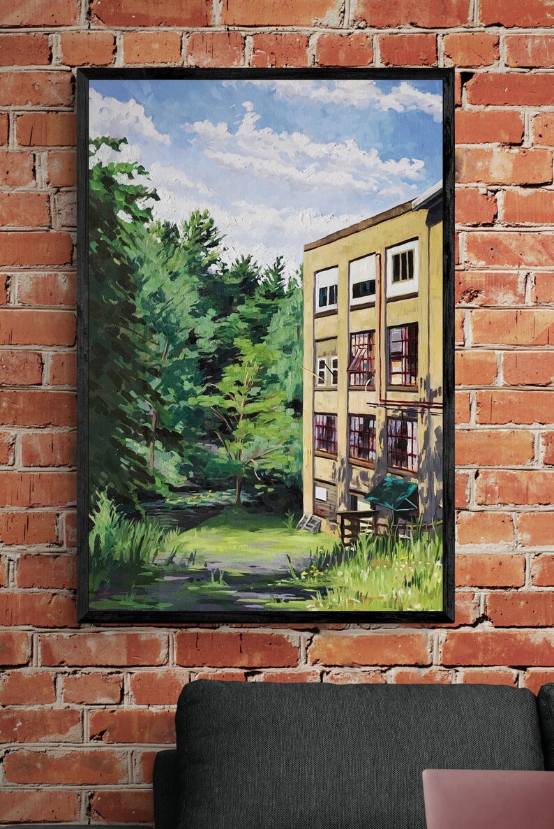 May include: A painting of a yellow building with windows and a green roof. The building is surrounded by green trees and bushes. The sky is blue with white clouds.