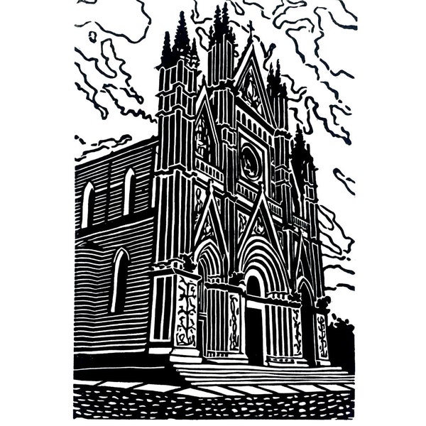 Linocut Limited Edition Fine Art Print - City of Orvieto in Italy