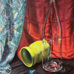 Original Oil Painting - Still Life with Textiles and a Glass Bottle - Artist Rachel Van Wylen