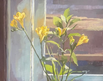 May include: A painting of yellow flowers in a vase, set against a window with a view of a wooden slatted blind.