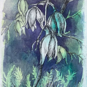 Original Pen Drawing of a Flower on Watercolor Toned Paper